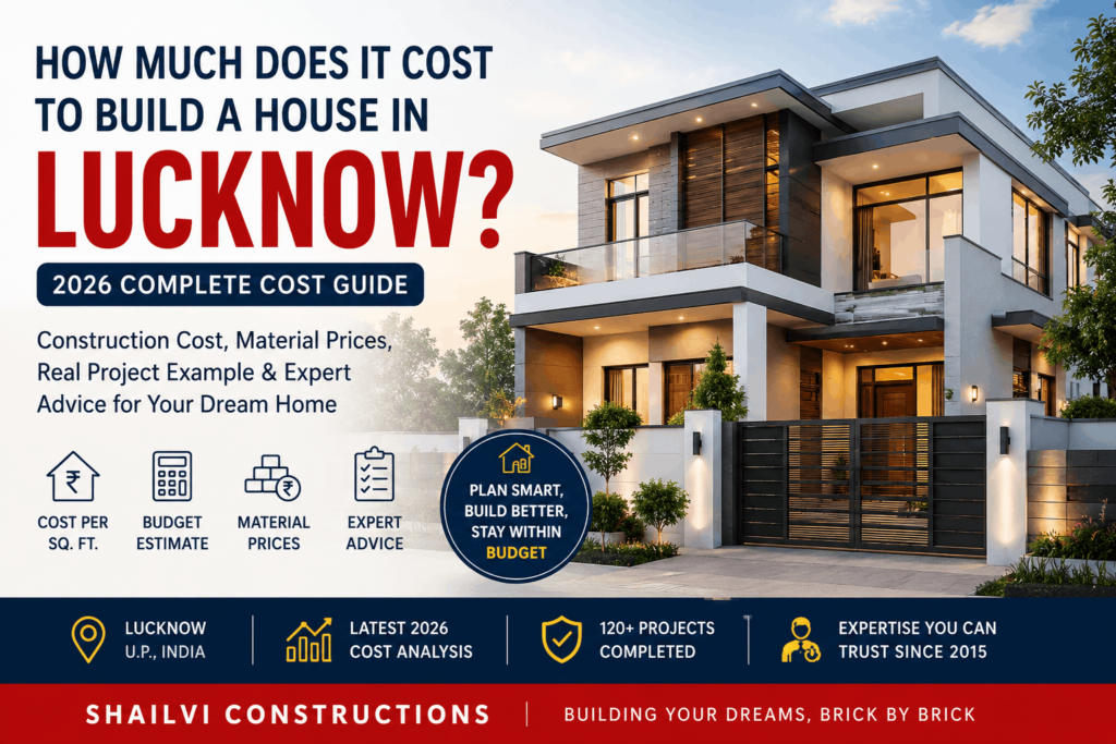 House construction cost in Lucknow 2026 guide by Shailvi Constructions showing modern home and construction budget estimates